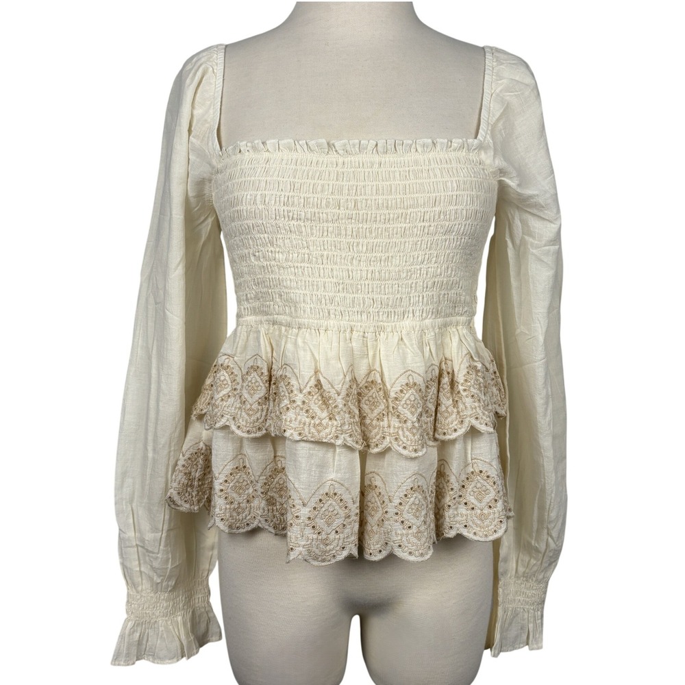 American Eagle Smocked Peplum Top Cream Puff Sleeve Lace Boho Cottagecore M